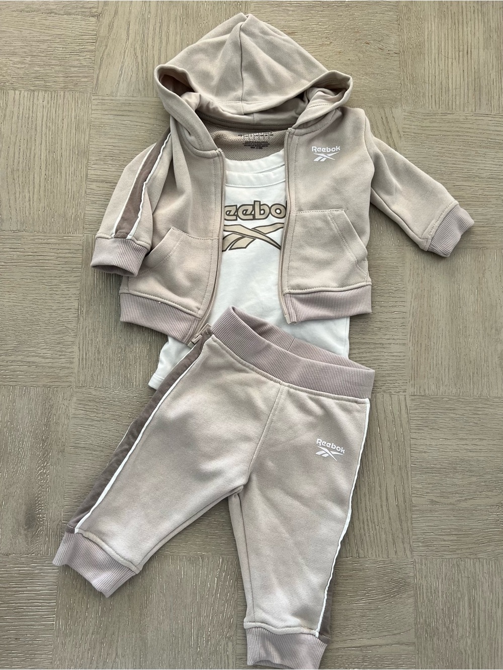 Reebok Taupe Infant Hoodie, Joggers & White Tee Set